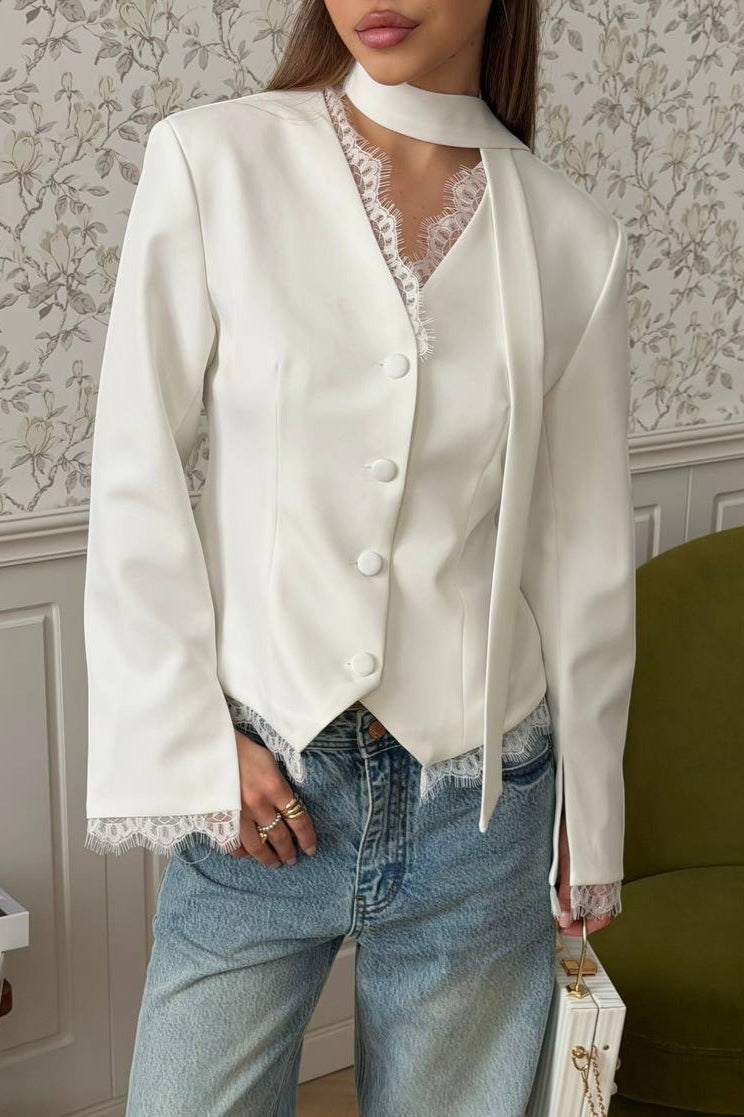 Lace Trim Stand Collar Fitted Blazer 3