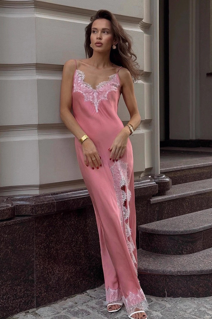 Satin Lace Trim Lace Bodice Deep V-Neck High Split Slip Maxi Gown - View 2