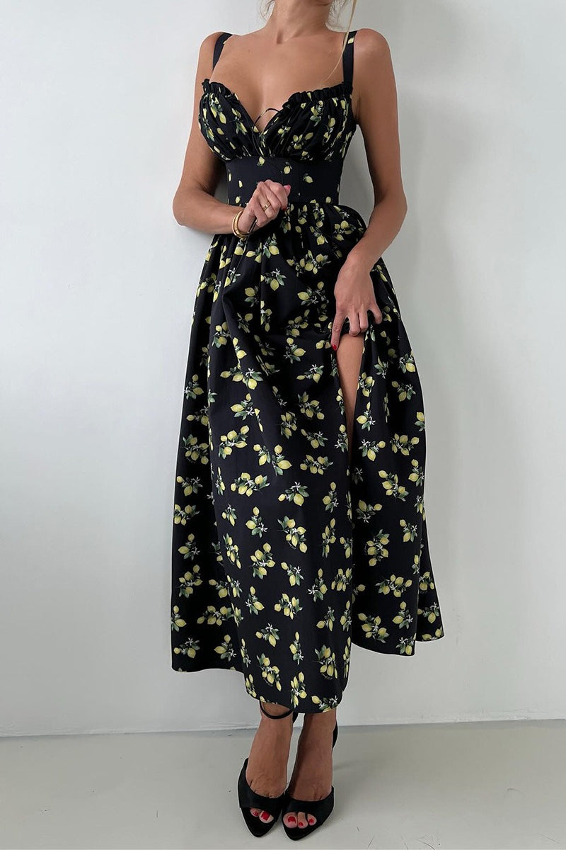 Lemon Print Off Shoulder Corset High Split Maxi Dress 9