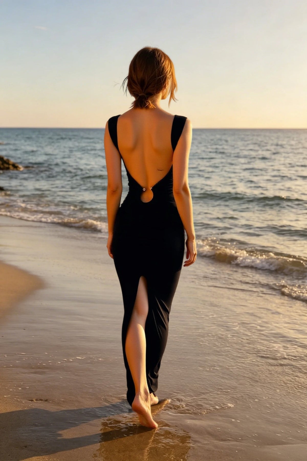 Cap Sleeve Deep-V Ring Cutout Ruched Maxi Dress