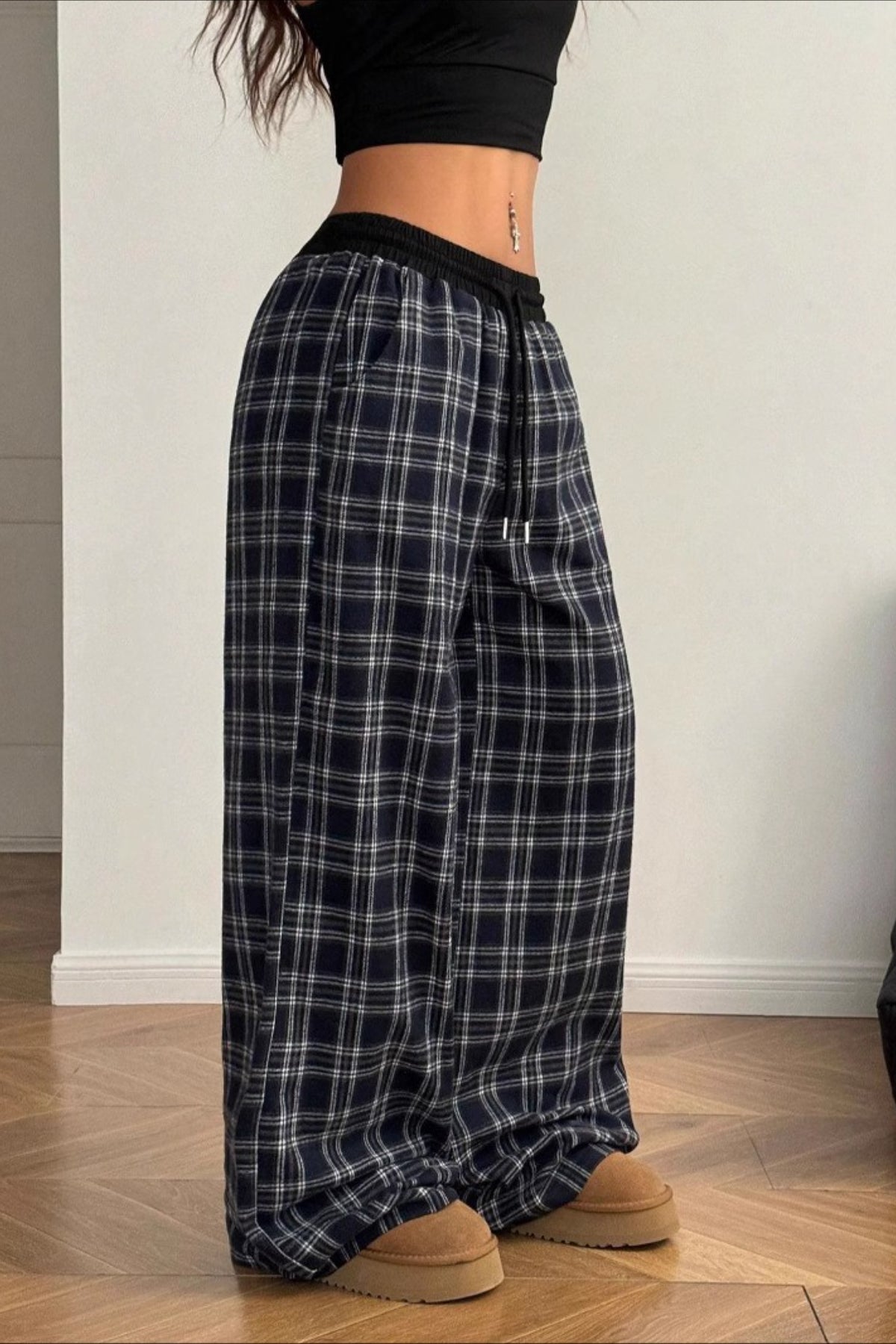 Plaid Elastic Waist Stretch Loose Casual Pants