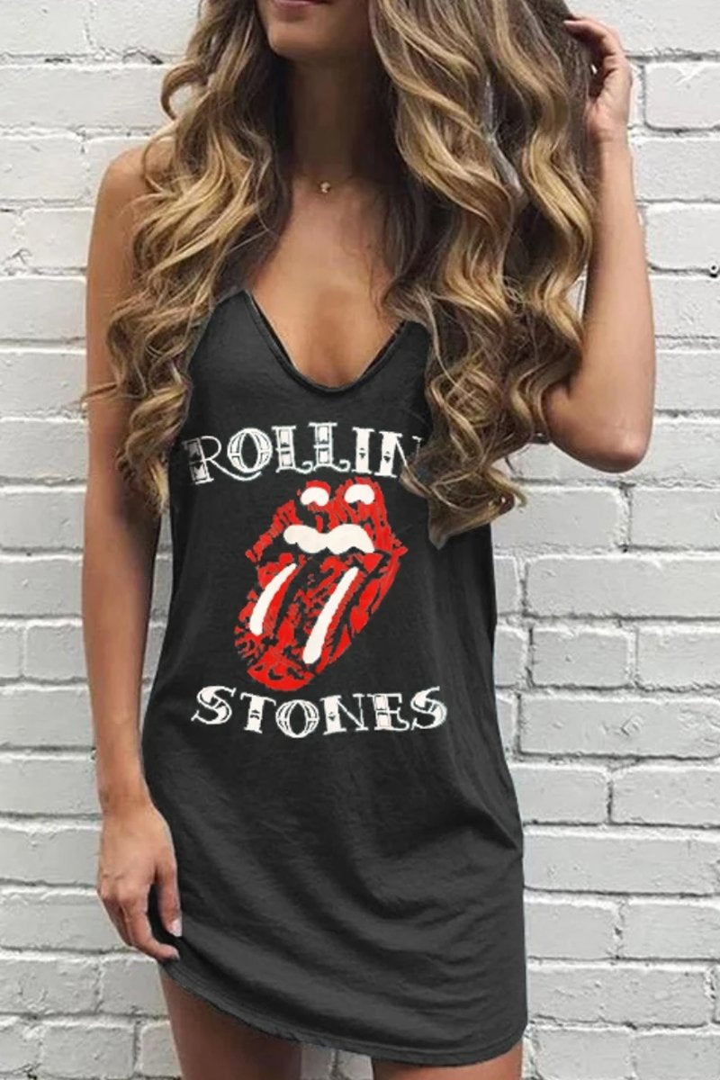 Lip Print Rolling Stones Blue Mini Dress - Fashionpara
