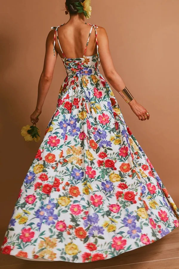 Garden Wedding Floral Print Back Tie-up Pocketed Slit Maxi Dress - Fashionpara