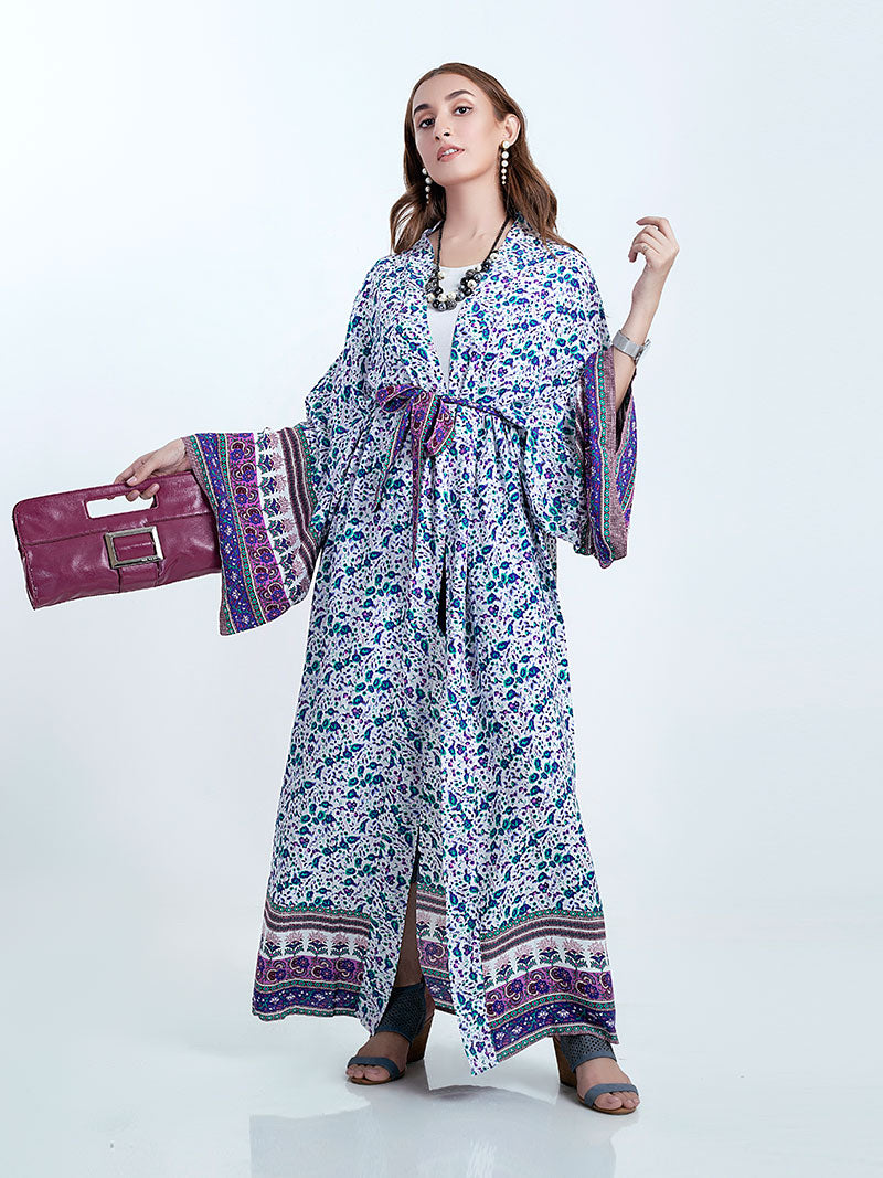 Beachwear Floral Print Pink & Blue Color Cotton Long Length Gown Kimono Duster Robe 4