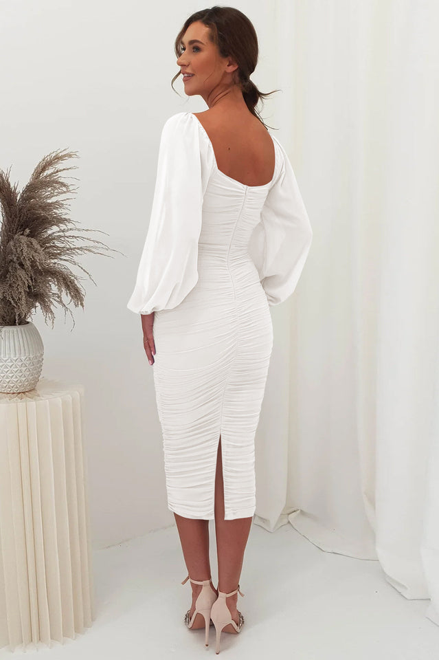 Square Neck Puff Sleeve Ruched Bodycon Midi Dress