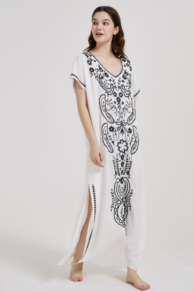 Embroidered V-Neck Short-Sleeve Kaftan Maxi Dress 37