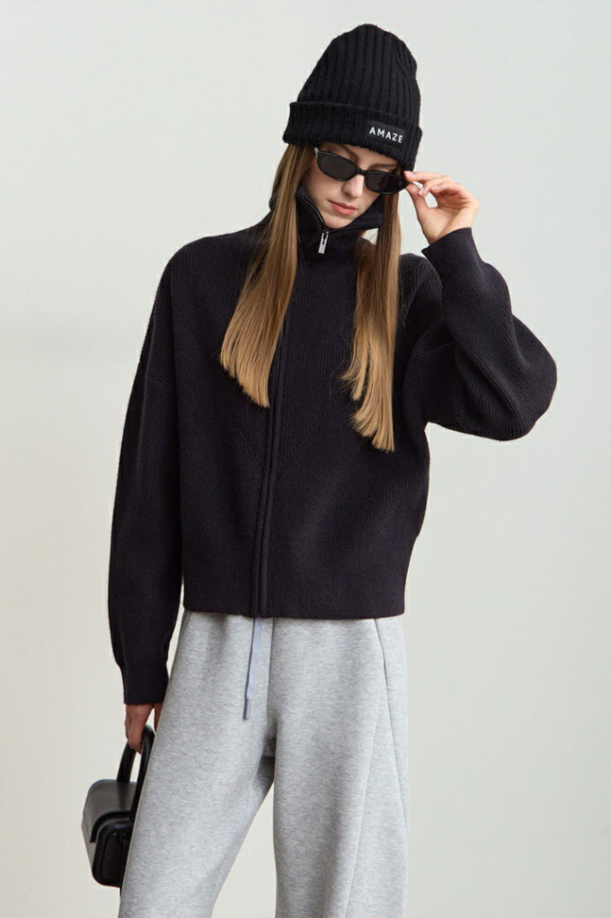 Thick Knit Zip Cardigan with Naval Collar for Cozy Elegance