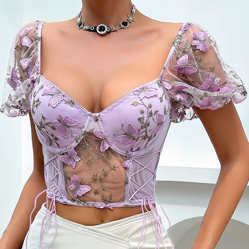 Butterfly Embroidered Mesh Puff Sleeve Lace-up Corset Top - Fashionpara