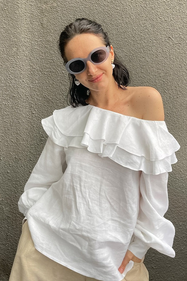 Slash Neck Ruffle Trim Blouse