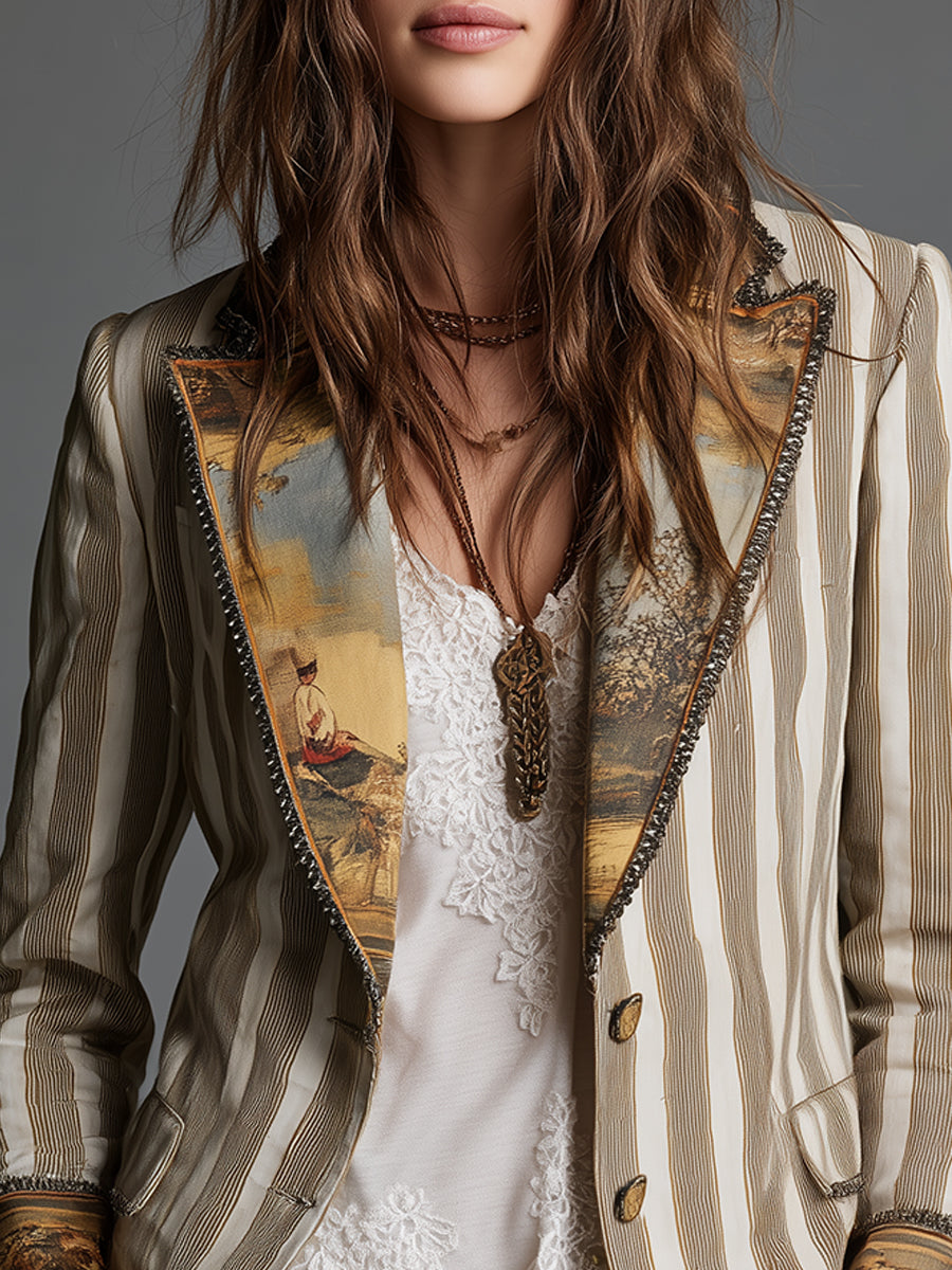 Striped Contrast Print Lapel Single Button Blazer 4