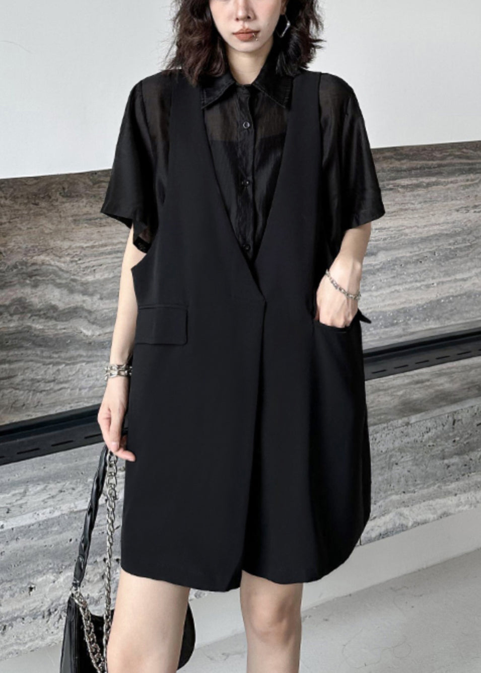 Faux Two-Piece Sheer Button Front Shirt Sleeveless Midi Dress - View 2