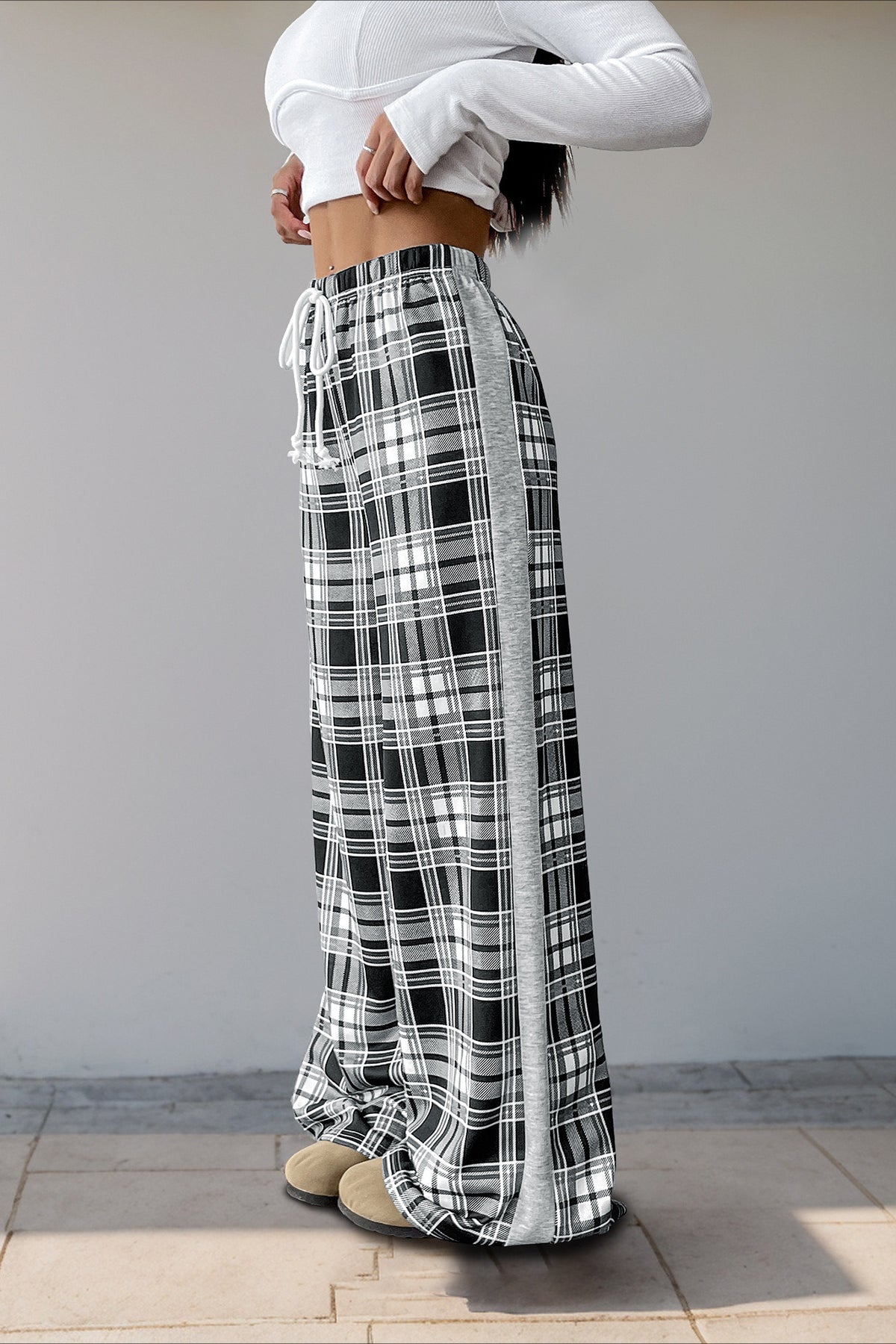 Plaid Elastic Waist Loose Fit Pants