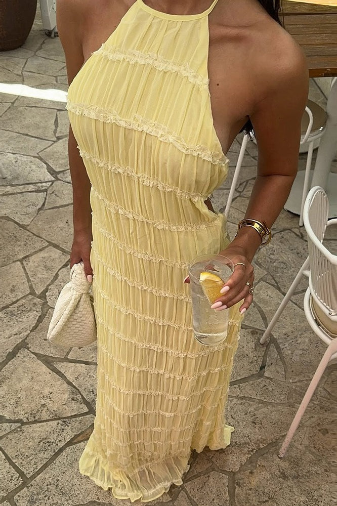 Backless Ruched Striped Tie Ruffled Maxi Boho Dress