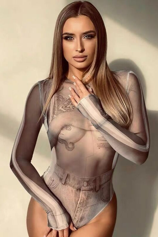 Sheer Mesh Print Bodysuit Knit Top