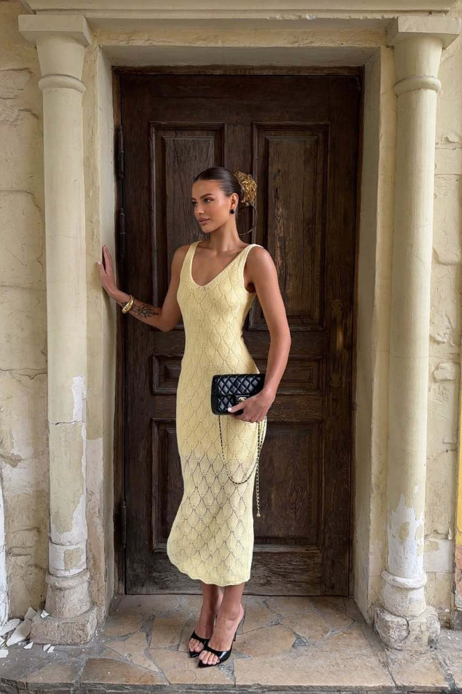 Pointelle Knit V-Neck Sleeveless Bodycon Maxi Dress