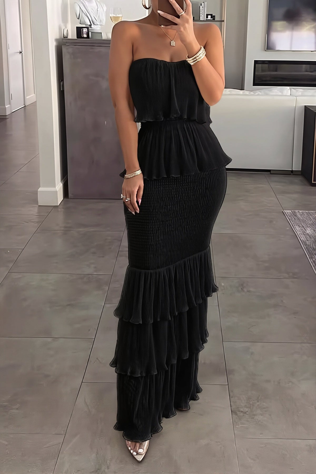 Strapless Smocked Tiered Ruffle Maxi Dress