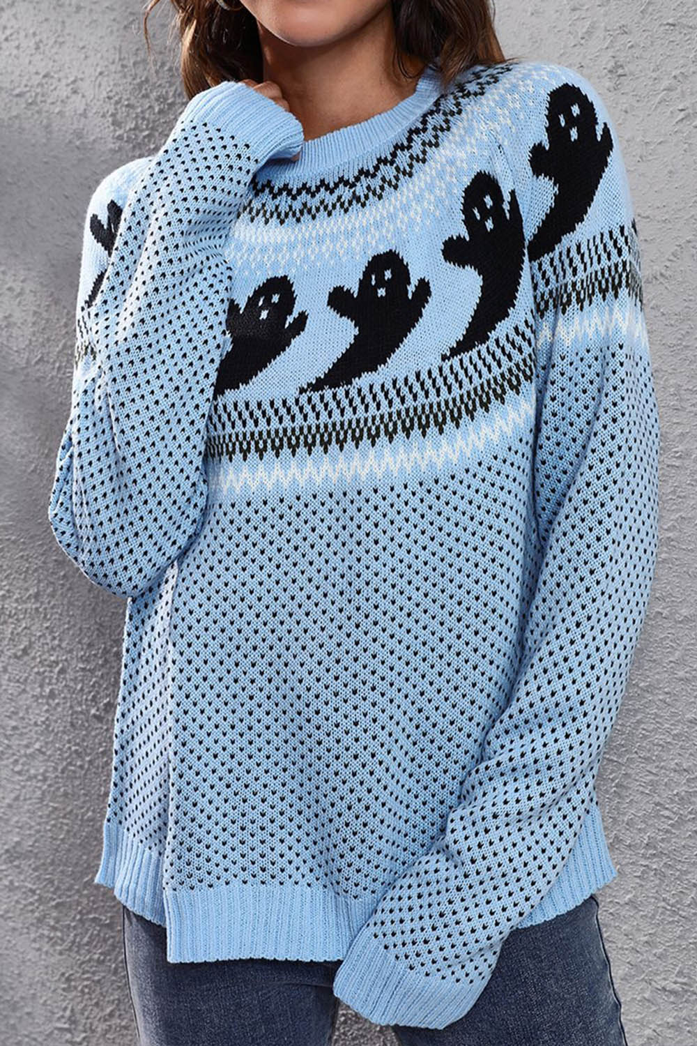 Halloween Ghost Retro Polka Dot Long Sleeve Knitted Sweater - Fashionpara