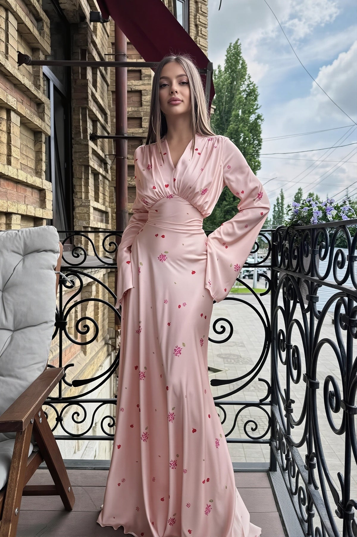 Floral Satin V-Neck Long Sleeve Maxi Gown