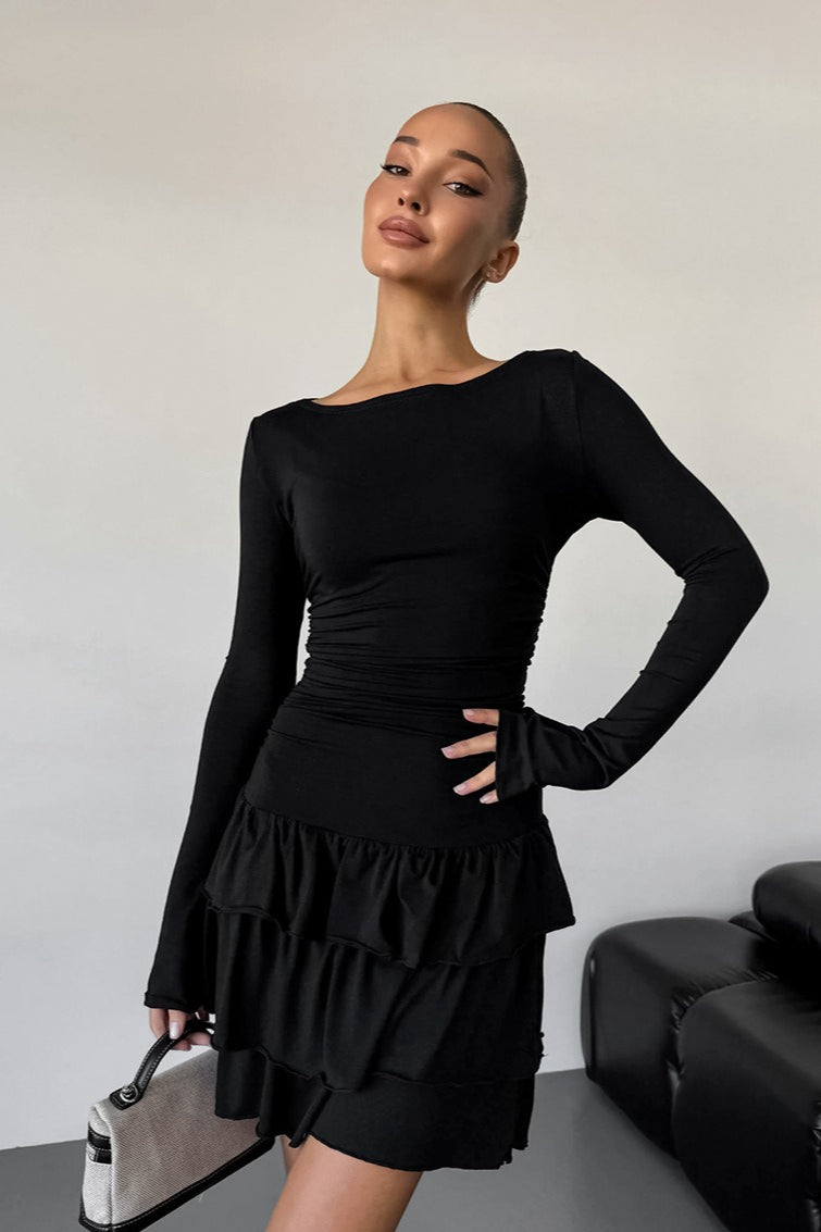 Boat Neck Long Sleeve Ruched Tiered Ruffle Mini Dress 4