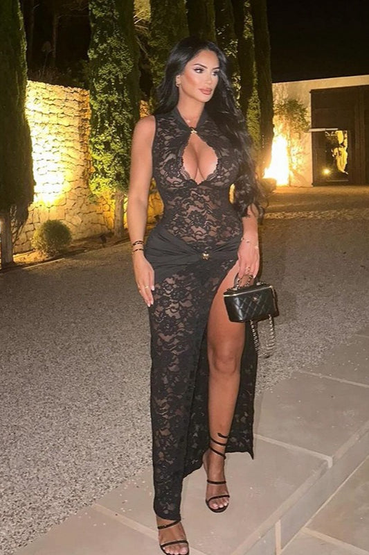 Floral Lace High Neck Keyhole High-Slit Gown
