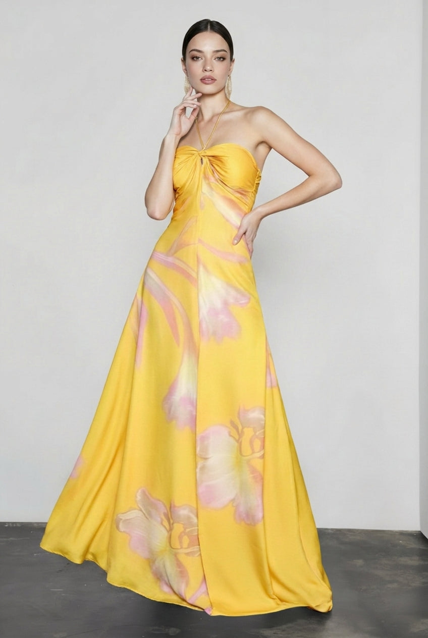 Halter Neck Twist Front Floral Print Satin Maxi Dress 3