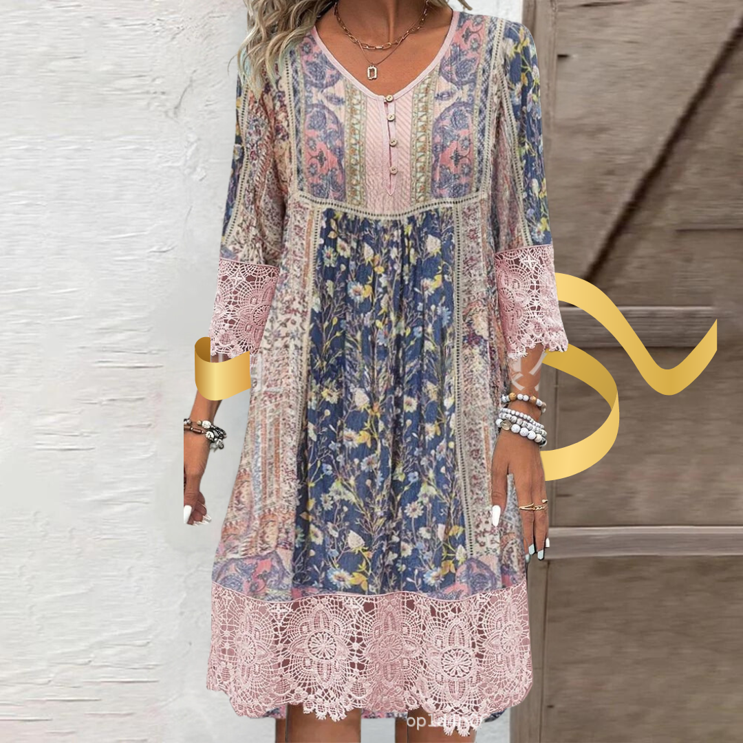 Floral Paisley Print V-Neck Button Front Lace Trim Midi Dress