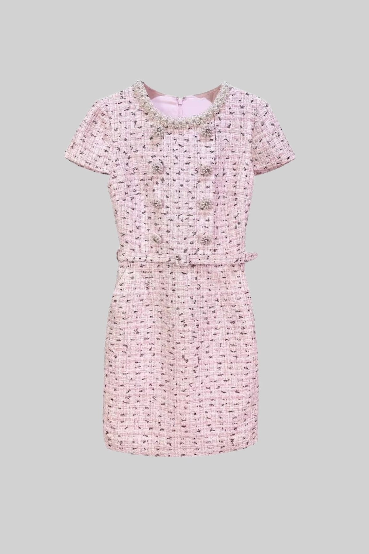 Tweed Pearl Collar Crystal Button Belted Mini Dress - View 2