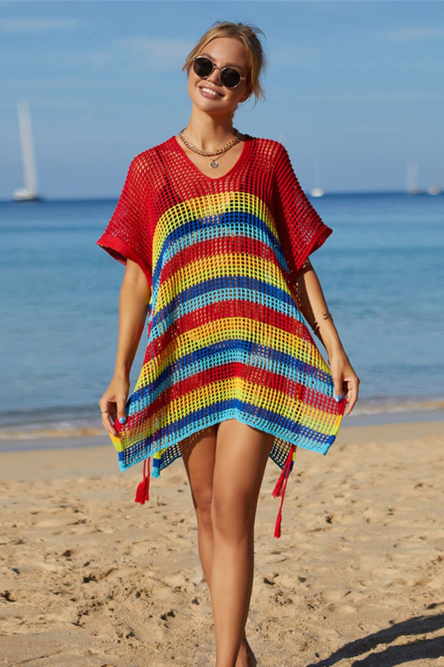 Rainbow Stripe Openwork Slit Cover Up - Fashionpara