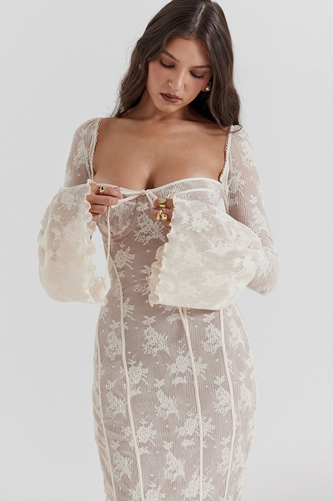 Lace Sweetheart Bell Sleeve Corset Fishtail Maxi Dress