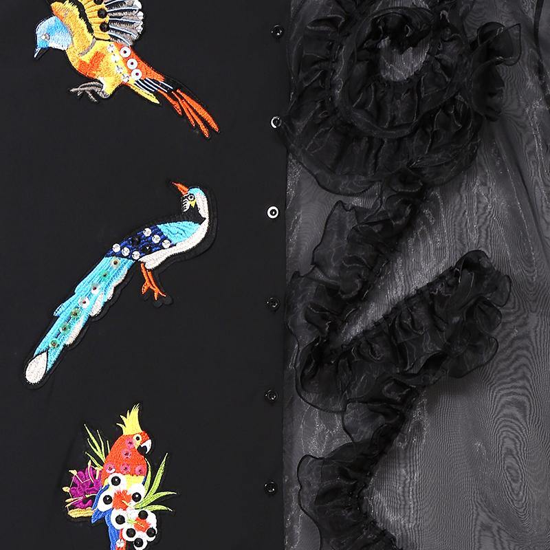 Bird Embroidery Mesh Ruffle Asymmetric Button Front Shirt Midi Dress - View 5
