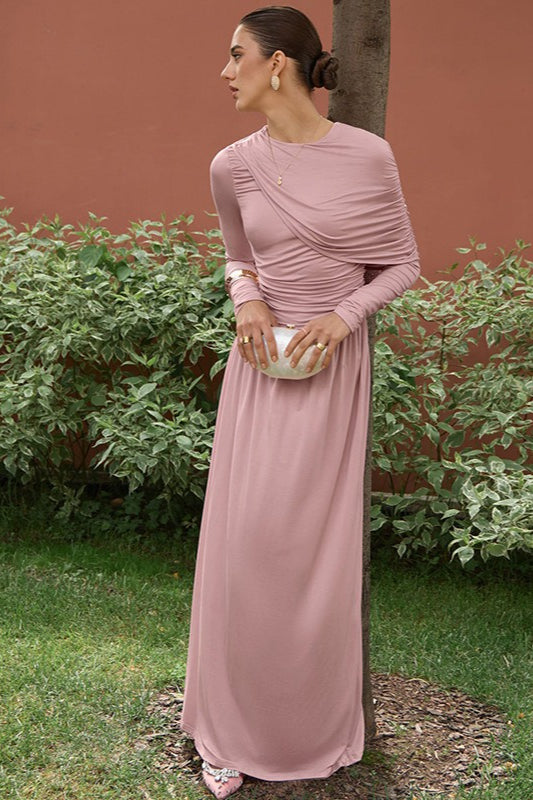 High Neck Long Sleeve Draped Ruched Sheath Maxi Dress