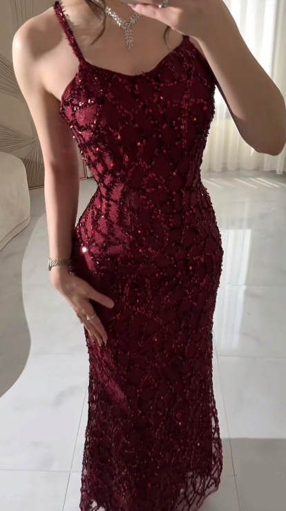 Pretty Spaghetti Straps Burgundy Tulle Sequin Beaded Mermaid Prom Dress Long Evening Dress D1654