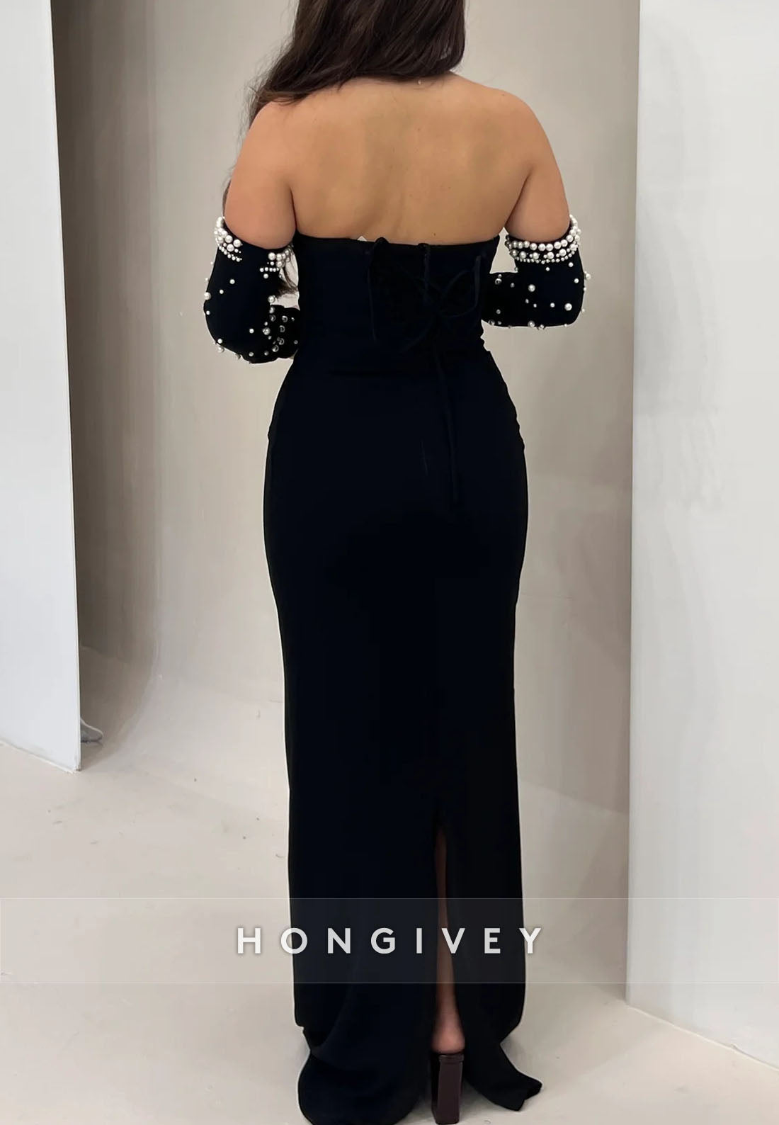 Off the Shoulder Floor-Length Column Long Sleeve Pleated Beading Evening Gown