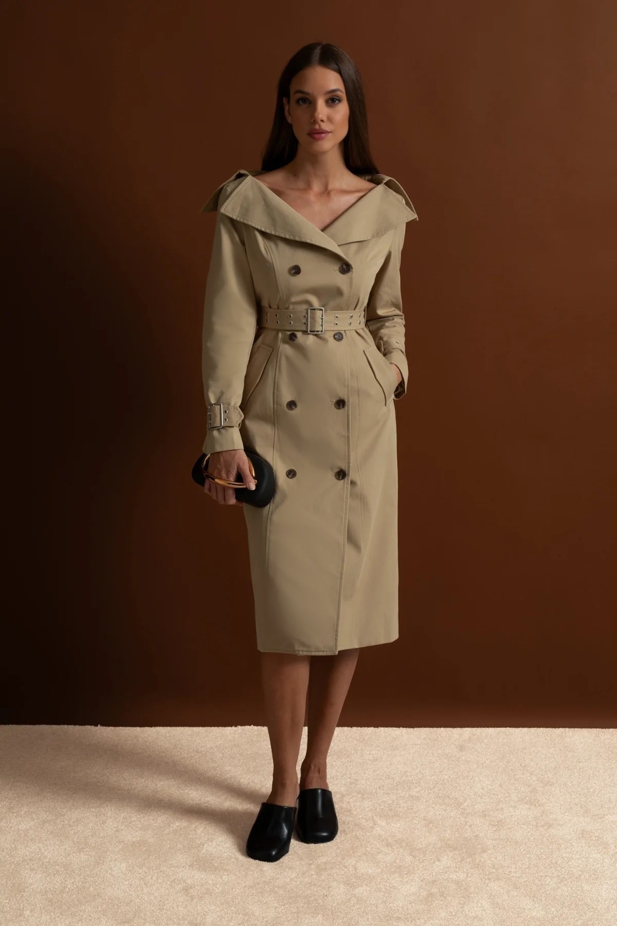 Off Shoulder Double Breasted Belted Trench Midi Dress - View 2