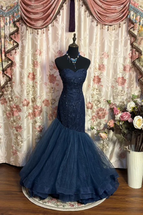 Retro Sweetheart Neck Navy Blue Tulle Appliques Mermaid Prom Dress Birthday Party Dress D1066