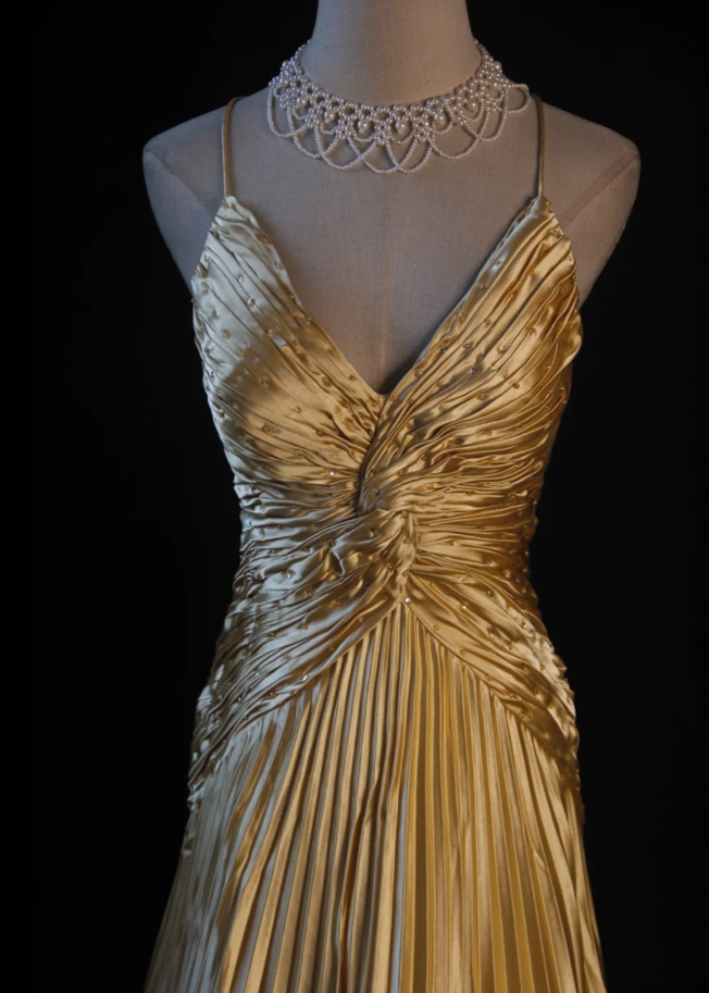 Stylish Spaghetti Straps Gold V Neck Satin Pleated Beaded Long Party Dress Formal Wedding Guest Dress D1161