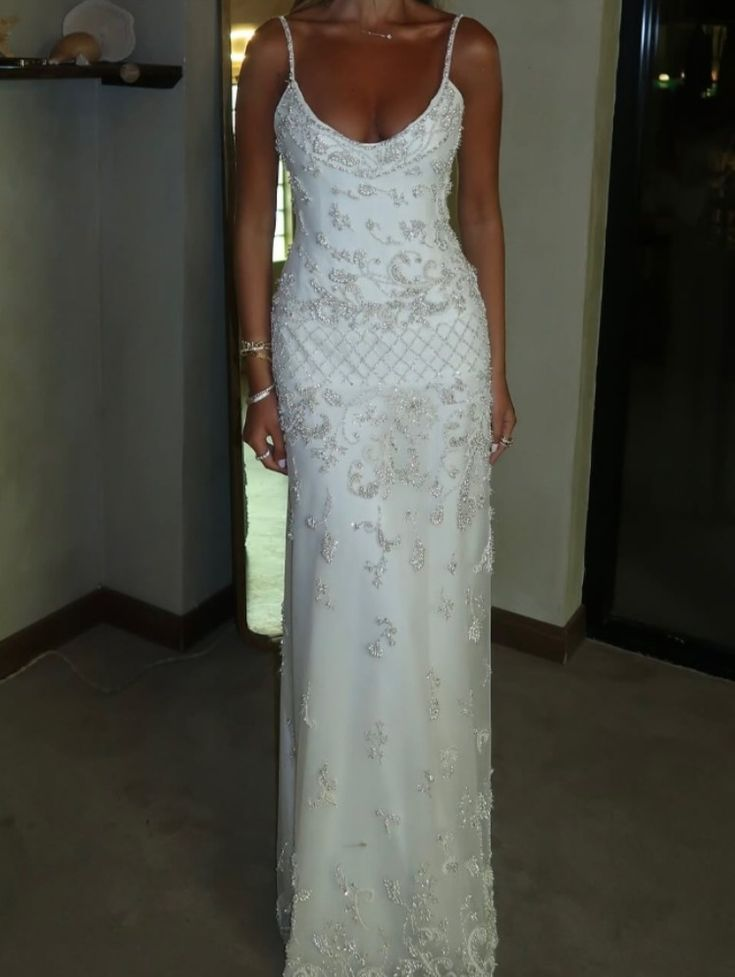 Elegant Spaghetti Straps Satin Tulle Beaded Long Party Dress Evening Dress D1365