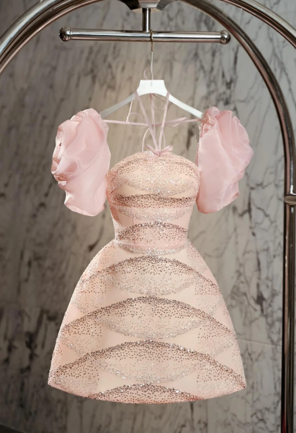 Sweet Pink Satin Sequins Cocktail Dress Short Birthday Outfits Homecoming Dress S368