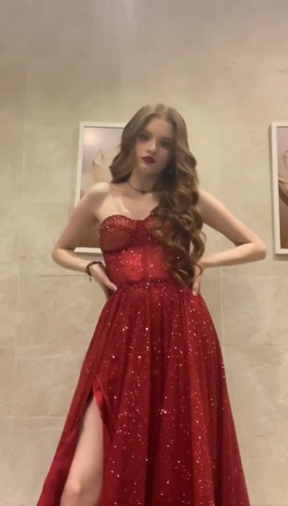 Sparkly Red Strapless Tulle Sequin Slit A Line Long Party Dress Formal Evening Gown D819