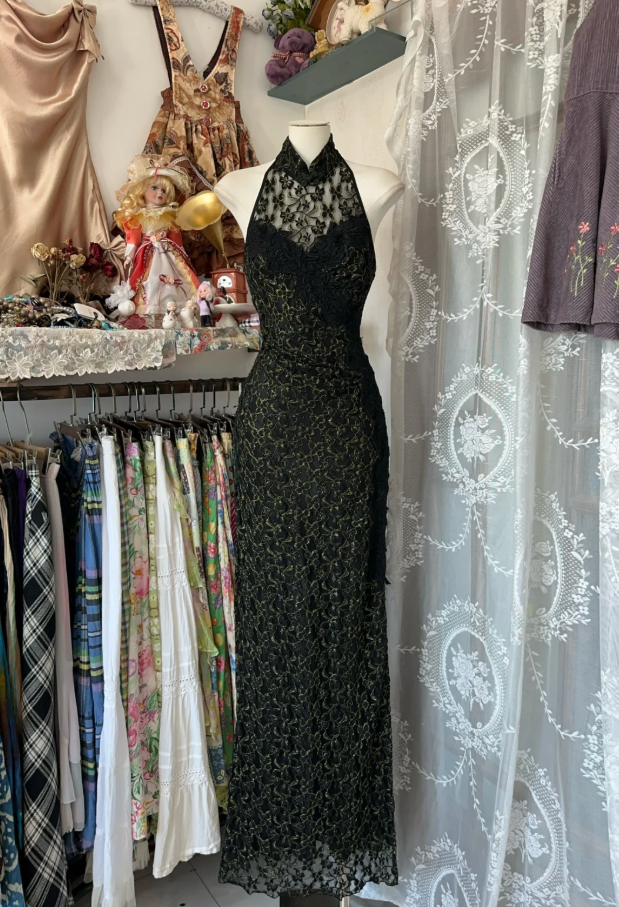 Sexy Halter Sleeveless Black Lace Sheath Long Evening Dress Birthday Prom Dresses D1770