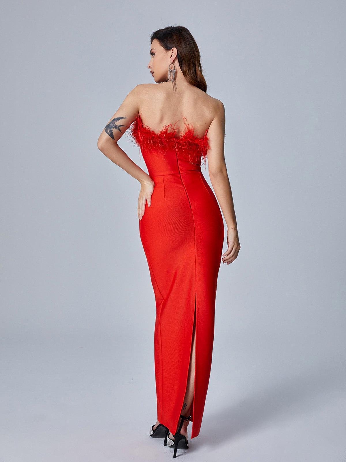 Mina Strapless Feather Trimmed Bandage Dress In Red
