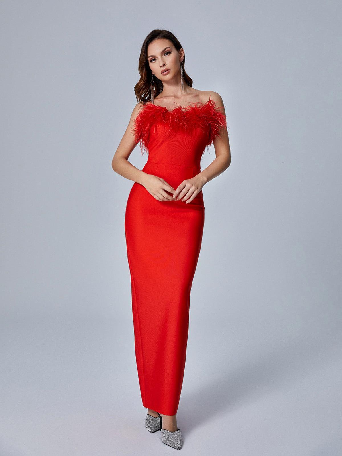 Mina Strapless Feather Trimmed Bandage Dress In Red - View 2