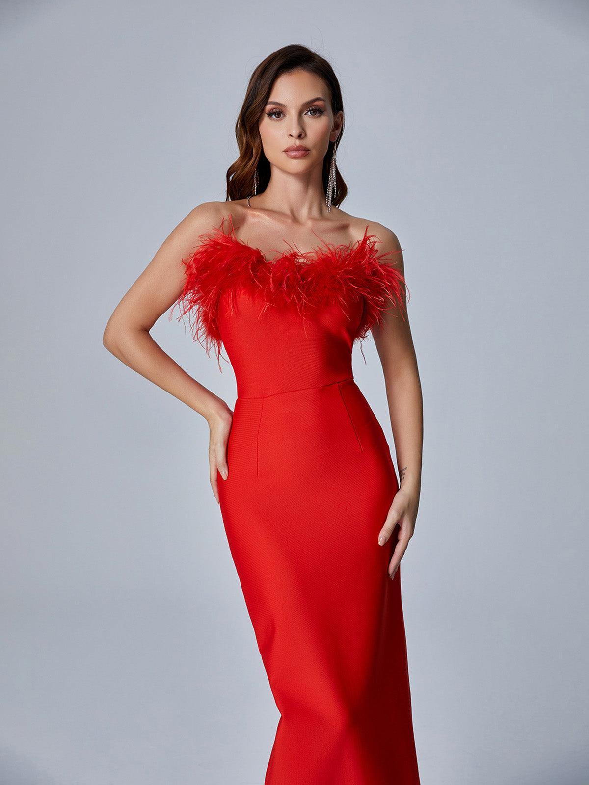 Mina Strapless Feather Trimmed Bandage Dress In Red - View 3