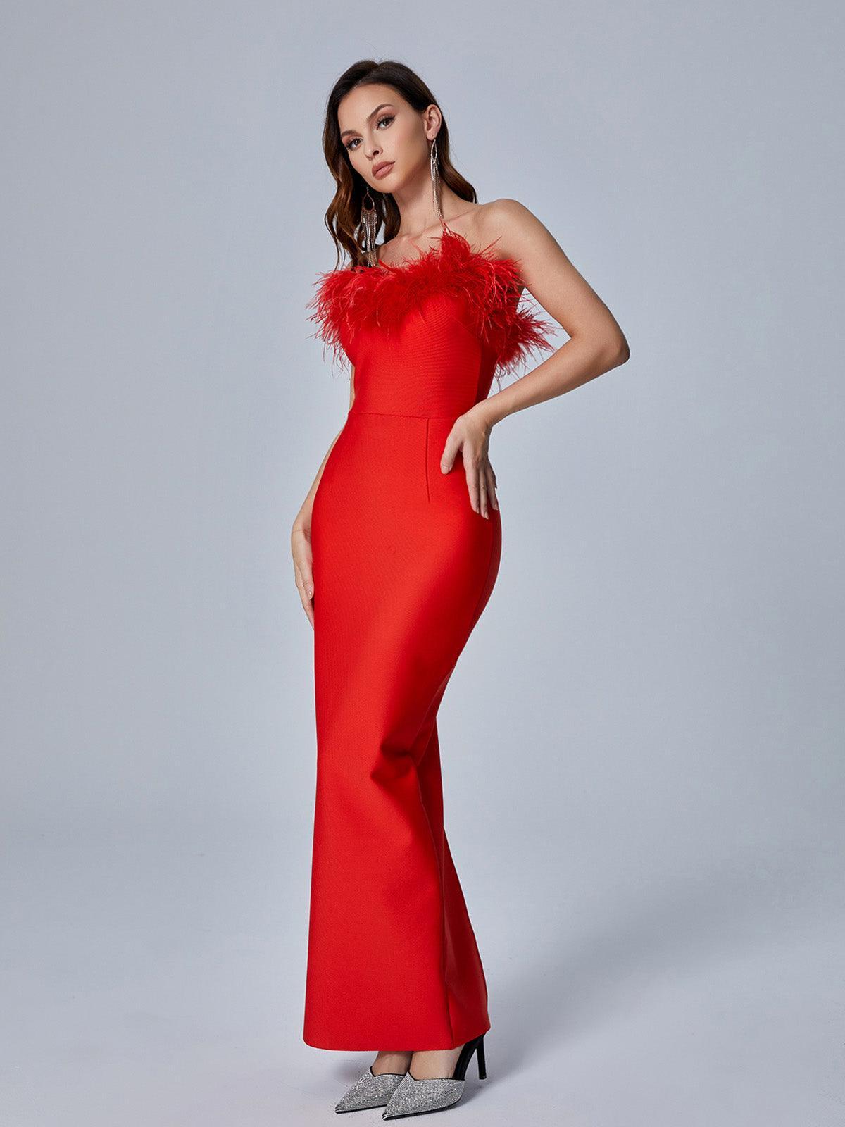 Mina Strapless Feather Trimmed Bandage Dress In Red - View 4