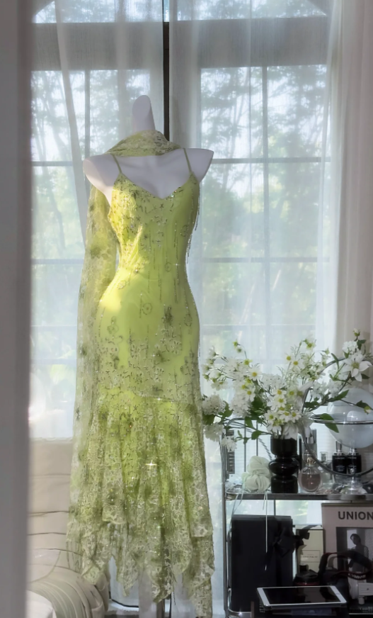 Classy Spaghetti Straps Light Green Chiffon Beaded Mermaid Evening Dress Long Party Dress D1377