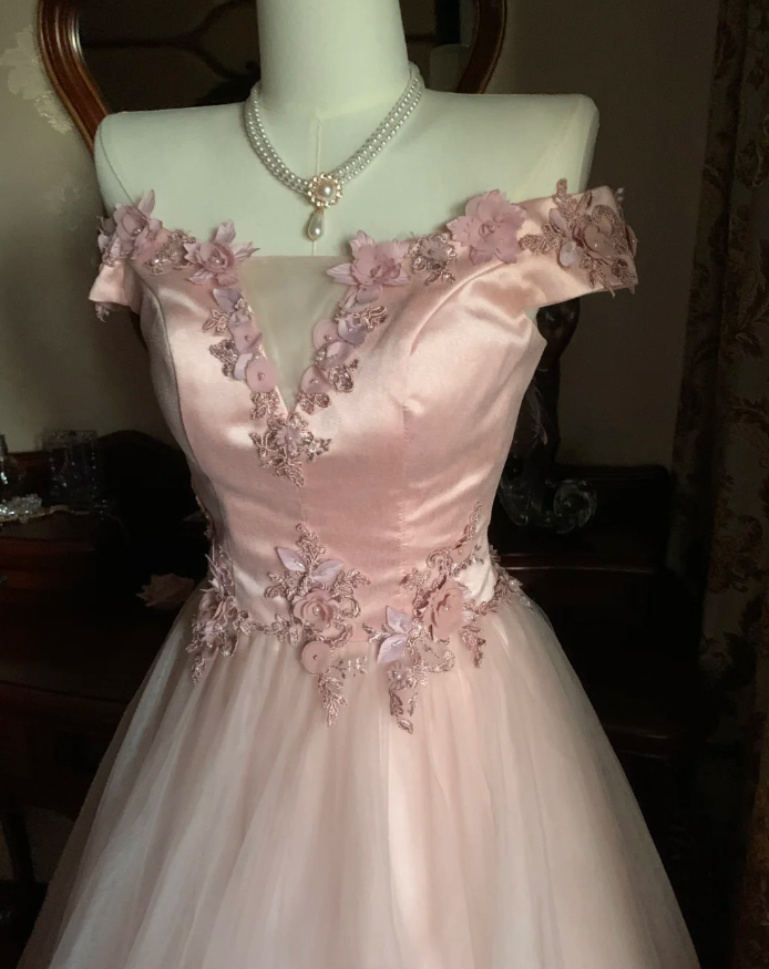 Sweet Pink Off The Shoulder Satin Tulle Appliques Long Birthday Party Dress Prom Gown D1748