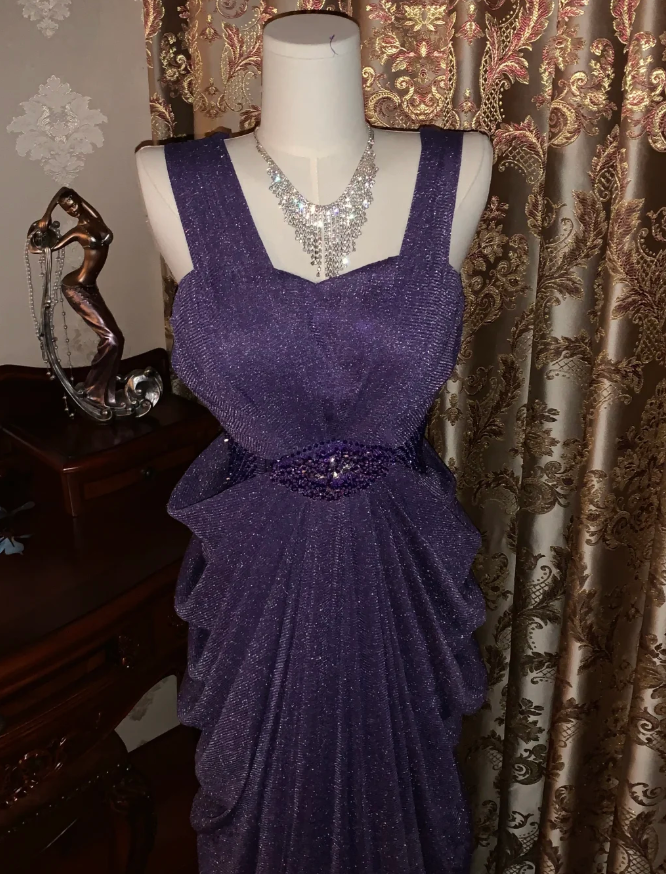 Sparkly Purple Tulle Sequin Beaded Pleated Mermaid Evening Dress Long Birthday Prom Gown D1750