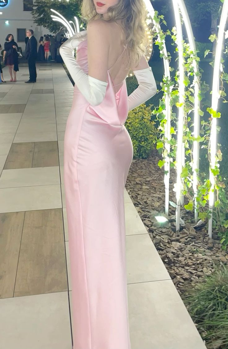 Classy Spaghetti Straps Pink Satin Backless Sheath Long Wedding Guest Dress Birthday Party Dress D1631