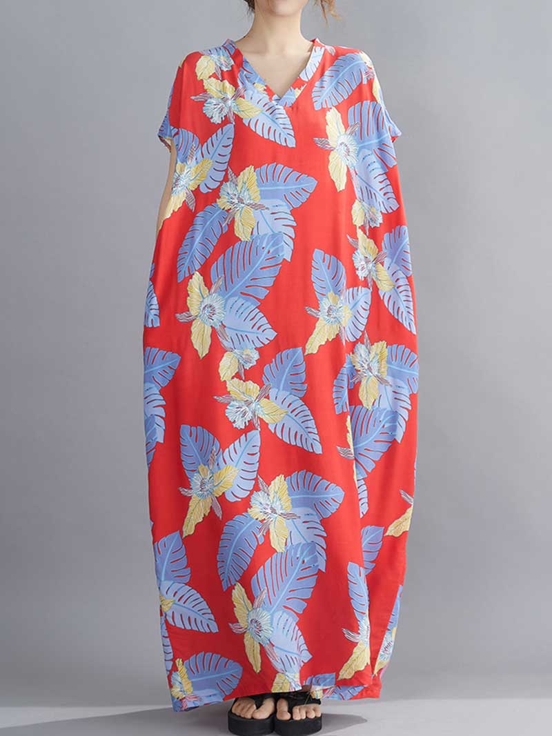 Leaf Print V-Neck Short Sleeve Kaftan Maxi Dress