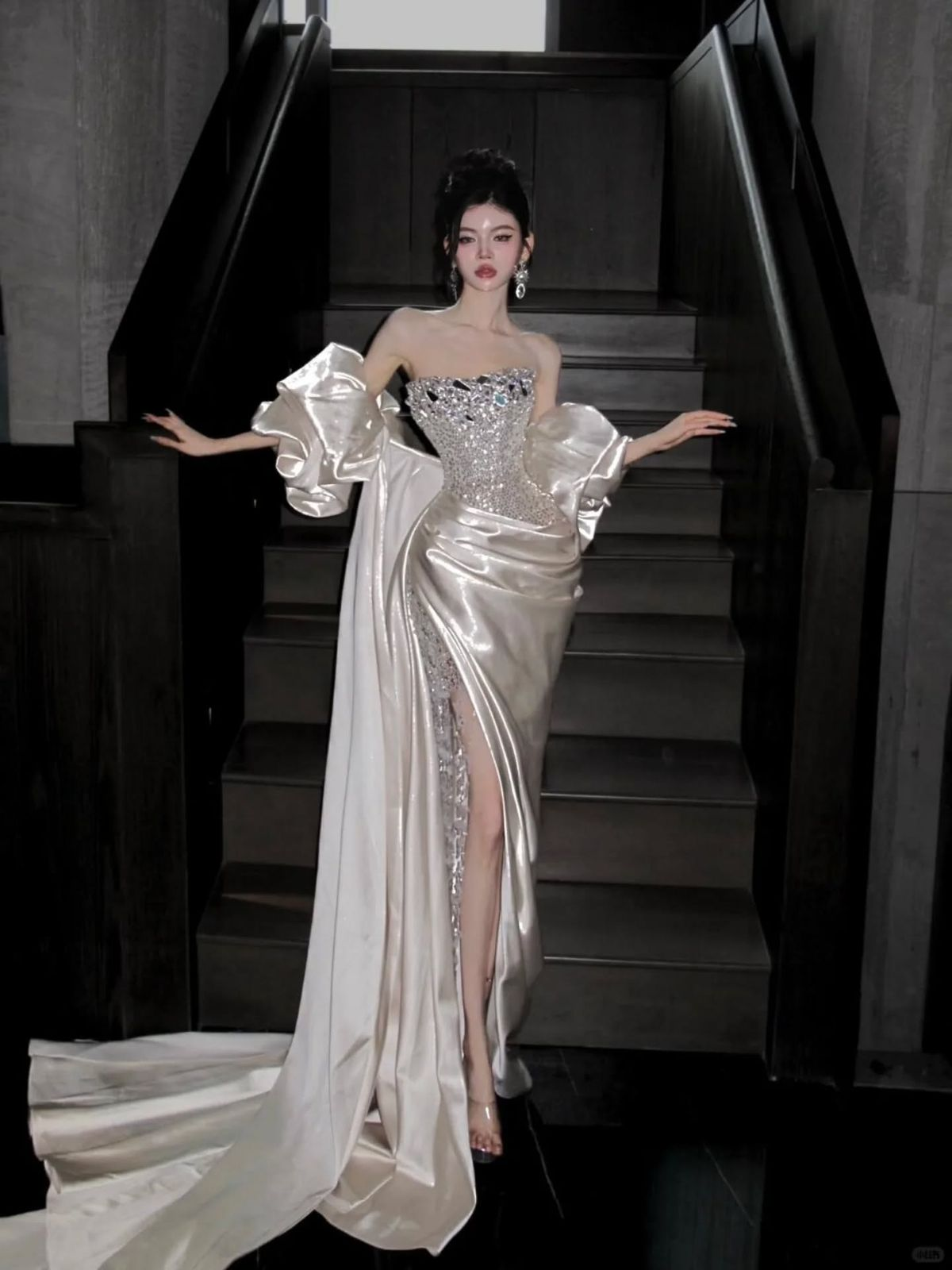 Luxurious Ivory Strapless Satin Sequin Beaded Slit Mermaid Evening Dress Party Gown D1193